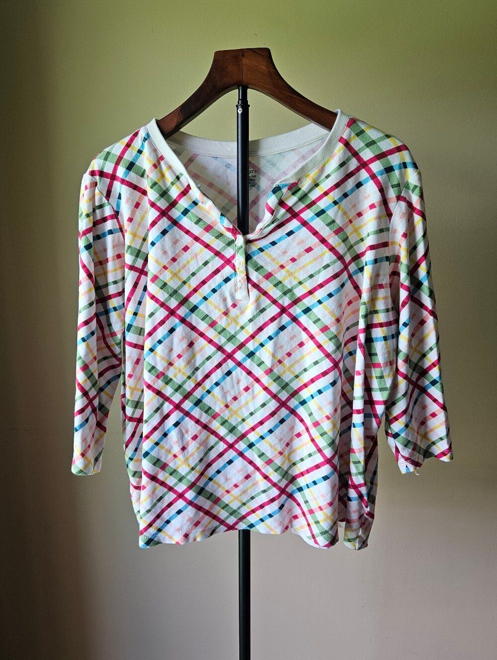 Kim Rogers Multicolor Plaid V-Neck Long Sleeve Top Size 1X